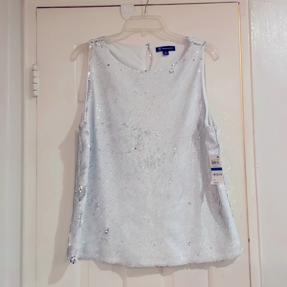 Women's BNWT INC International Concepts White & Silver Sequin Top Size XL